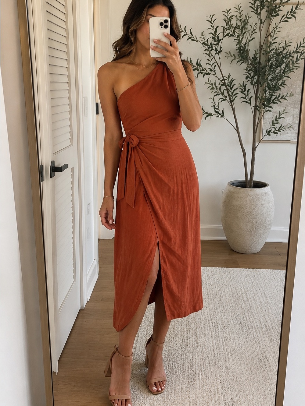 Melloday | Rust Orange One Shoulder Wrap Midi Dress XL Linen Blend